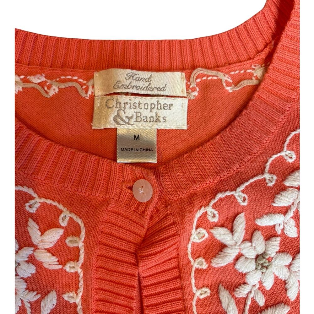 Vintage Women's Hand Embroidered Beaded Floral Cardigan MEDIUM Coral Pink VTG - Picture 3 of 10